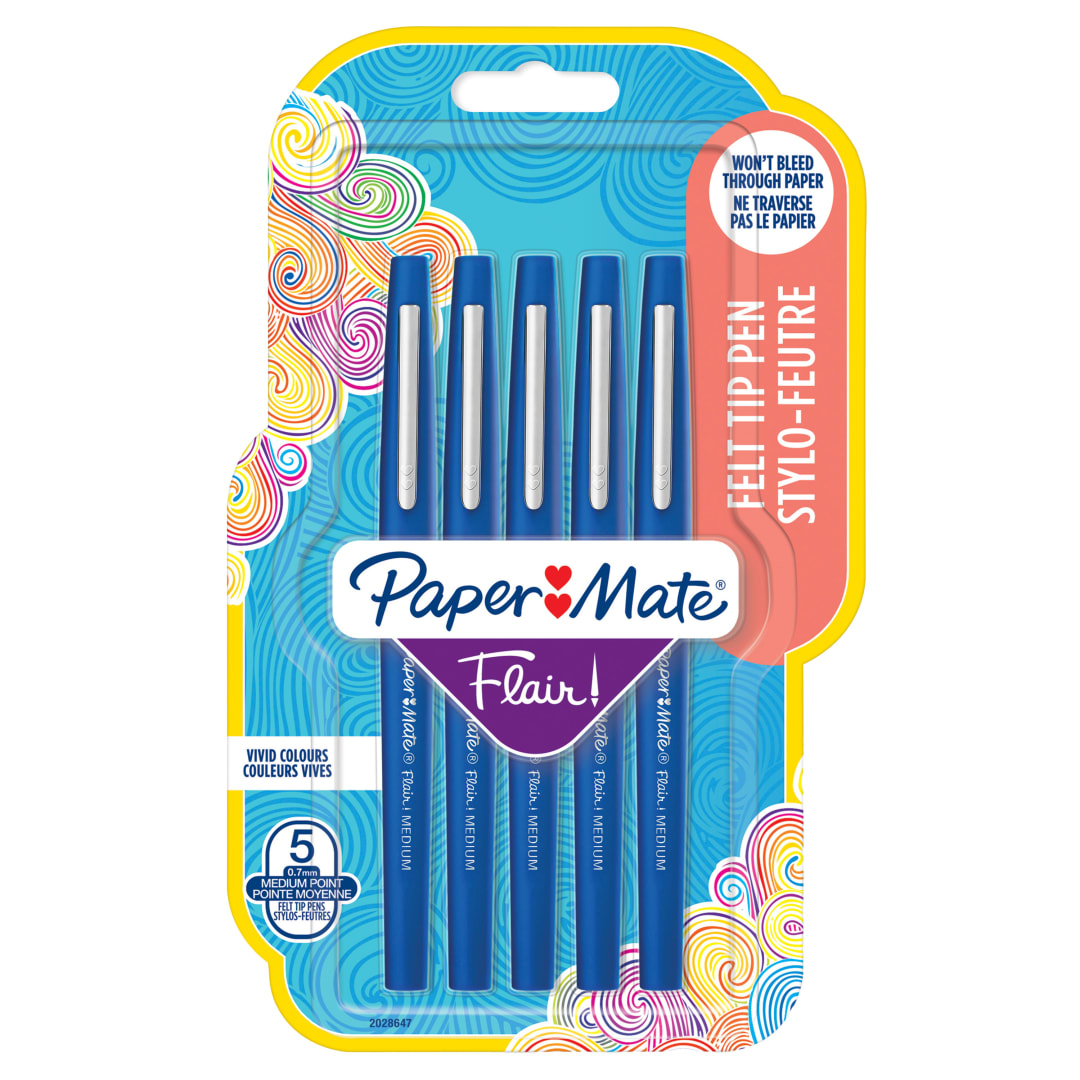 Paper Mate® Flair Felt Tip Pens | Medium Point (0.7mm) | Blue | 5 Count
