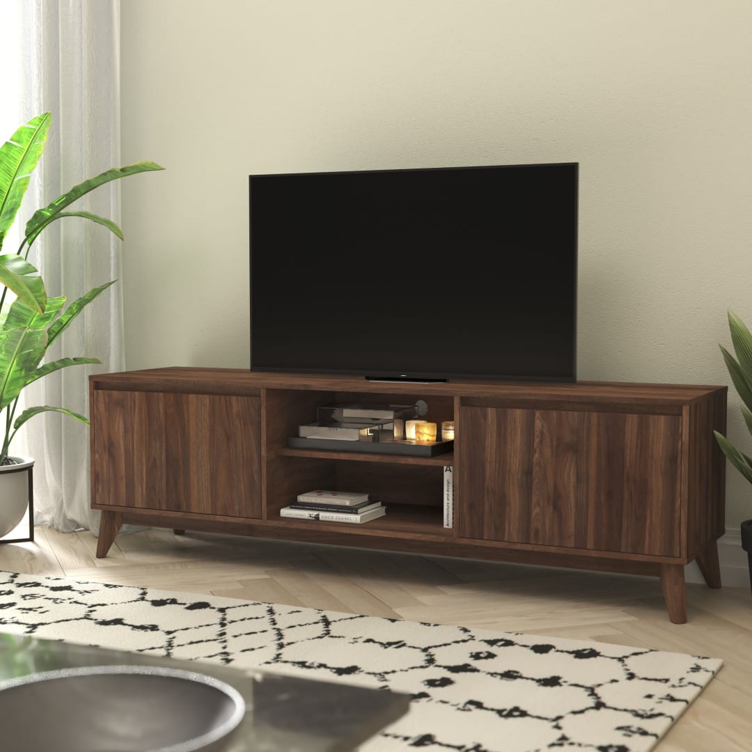 Hatfield Mid-Century Modern TV Stand in Walnut for 65+ Inch TV's - 70 Inch Media Center with Adjustable Center Shelf and Dual Soft Close Doors