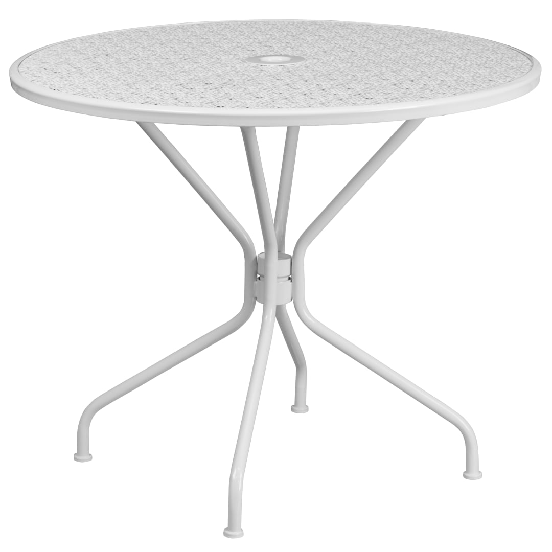 Oia Commercial Grade 35.25" Round White Indoor-Outdoor Steel Patio Table with Umbrella Hole