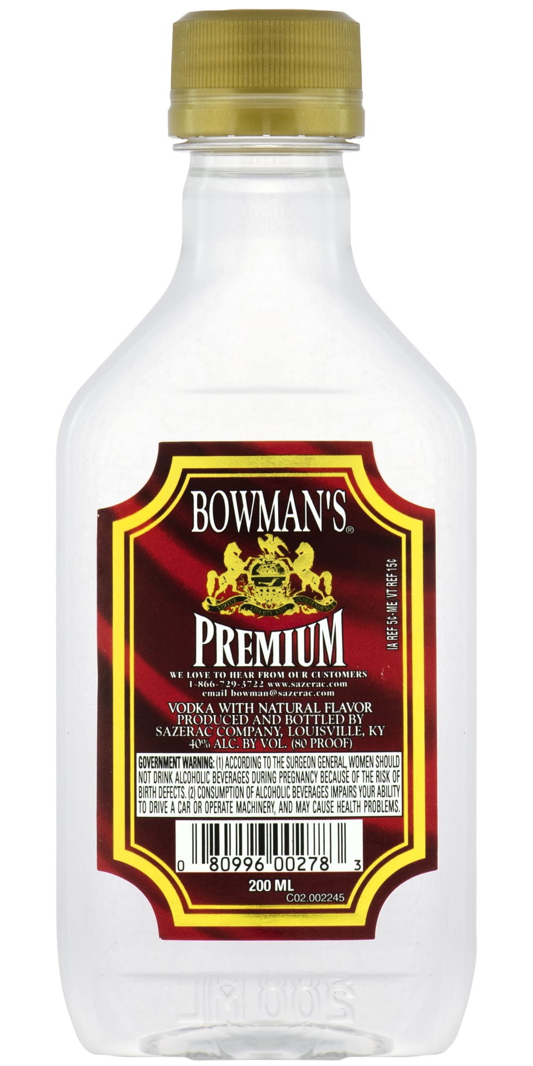 Bowman's Vodka 200ml Plastic Bottle 80 Proof