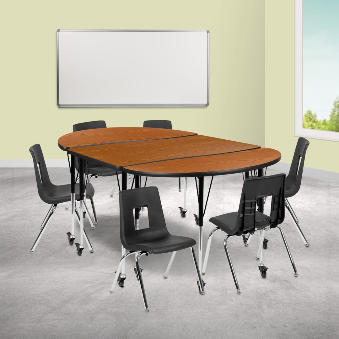 Emmy Mobile 76" Oval Wave Flexible Laminate Activity Table Set with 16" Student Stack Chairs, Oak/Black