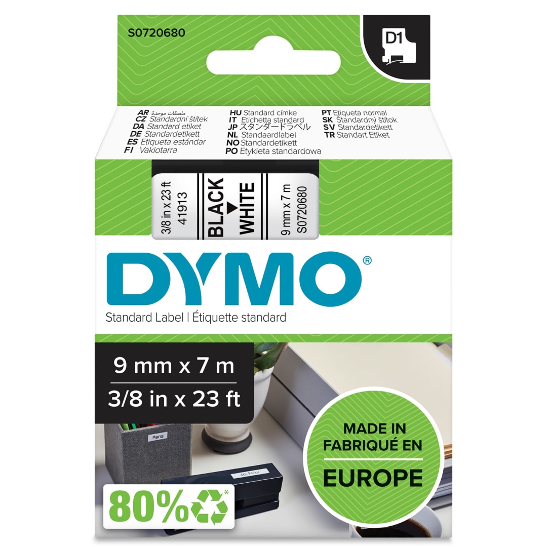 DYMO® Authentic D1 Labels | Black Print on White Tape | 9 mm x 7 m | Self-Adhesive Labels for LabelManager Label Makers | Made in Europe