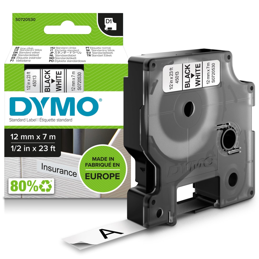 DYMO® Authentic D1 Labels | Black Print on White Tape | 12 mm x 7 m | Self-Adhesive Labels for LabelManager Label Makers | Made in Europe