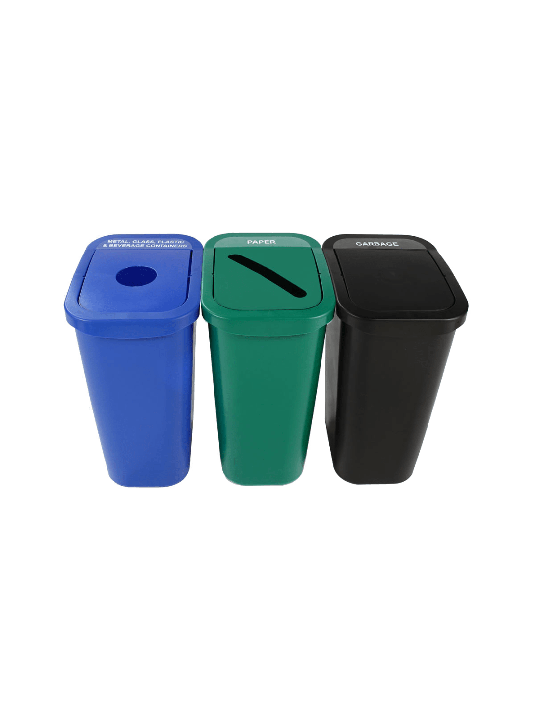  BILLI BOX - Triple - Kit - Nyc Compliant - Metal, Glass, Plastic &amp; Beverage Containers-Paper-Garbage - Circle-Slot-Swing - Blue-Green-Black