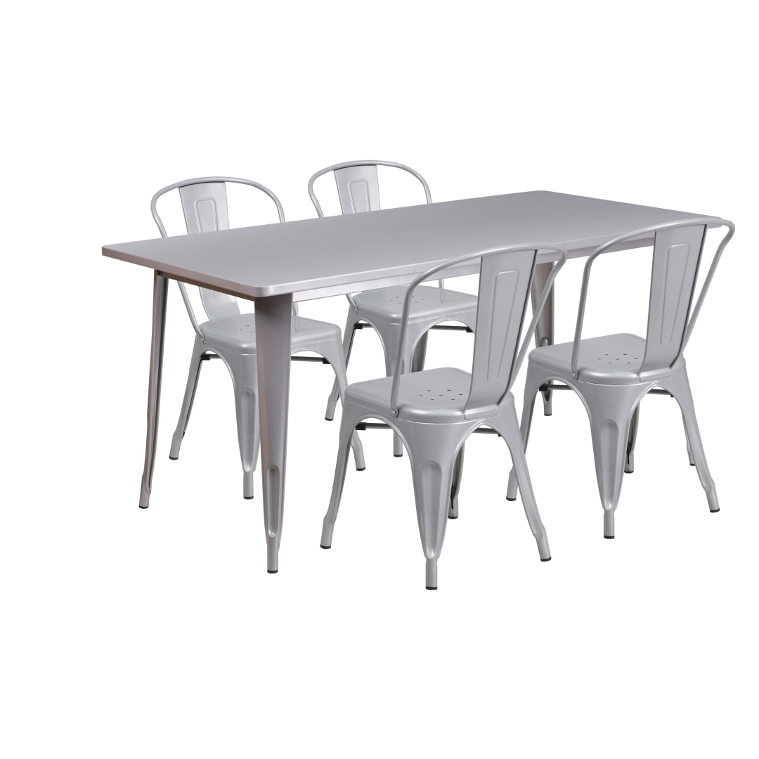 Darcy Commercial Grade 31.5" x 63" Rectangular Silver Metal Indoor-Outdoor Table Set with 4 Stack Chairs
