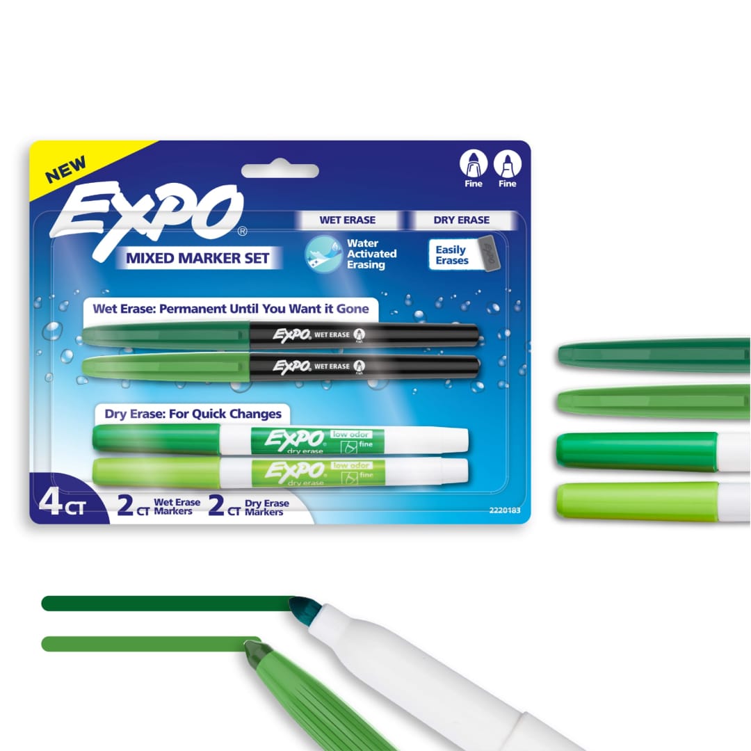 EXPO Markers Variety Pack, Features Dry Erase and Wet Erase Markers, Fine Tip, Green Shades, 4 Count