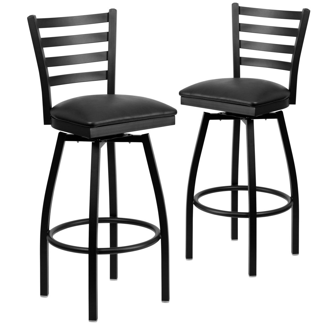 2 Pack HERCULES Series Black Ladder Back Swivel Metal Barstool - Black Vinyl Seat