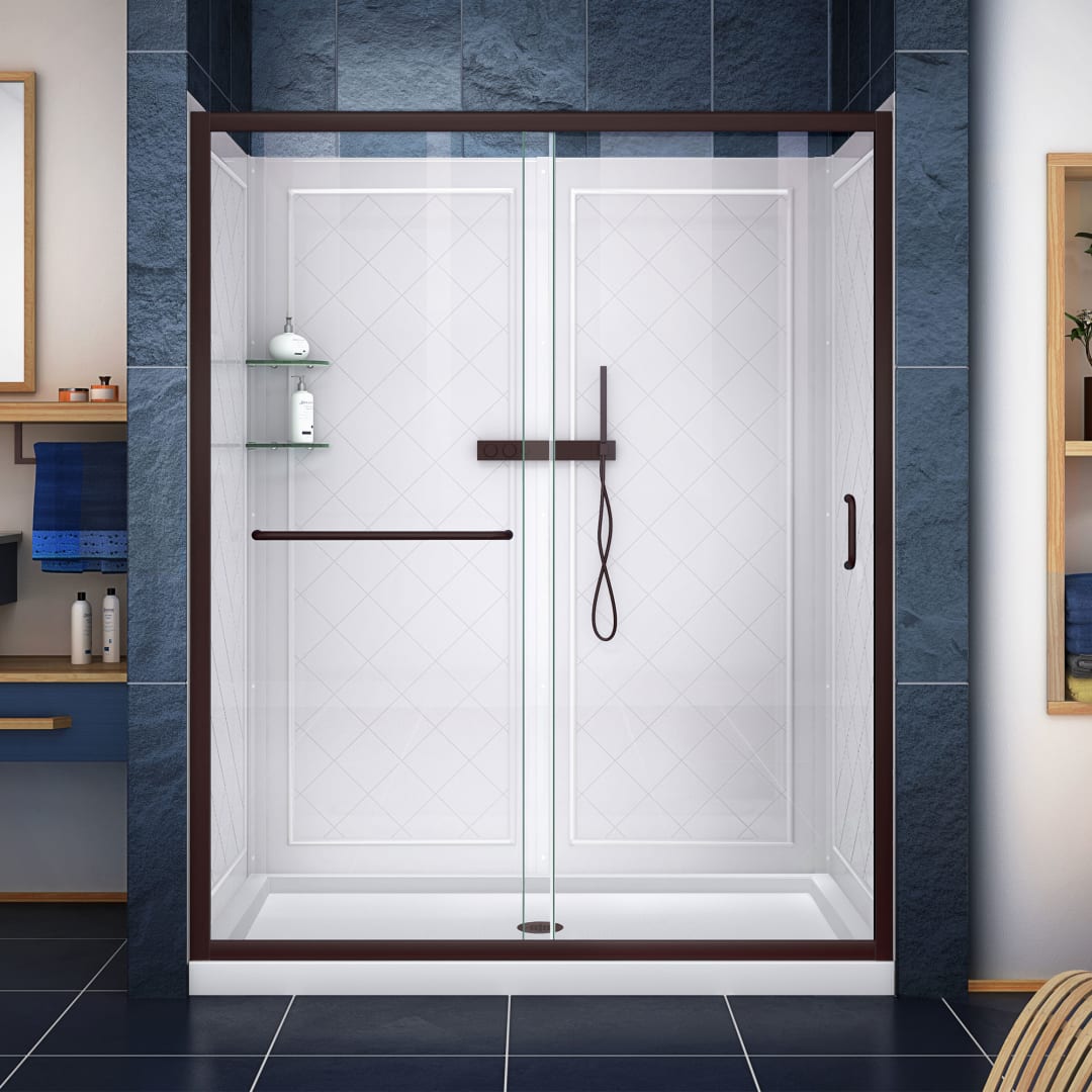 DreamLine Infinity-Z 36 inch D x 48 inch W x 76 3/4 inch H Semi-Frameless Sliding Shower Door in Oil Rubbed Bronze, Shower Base, and Wall Kit in White