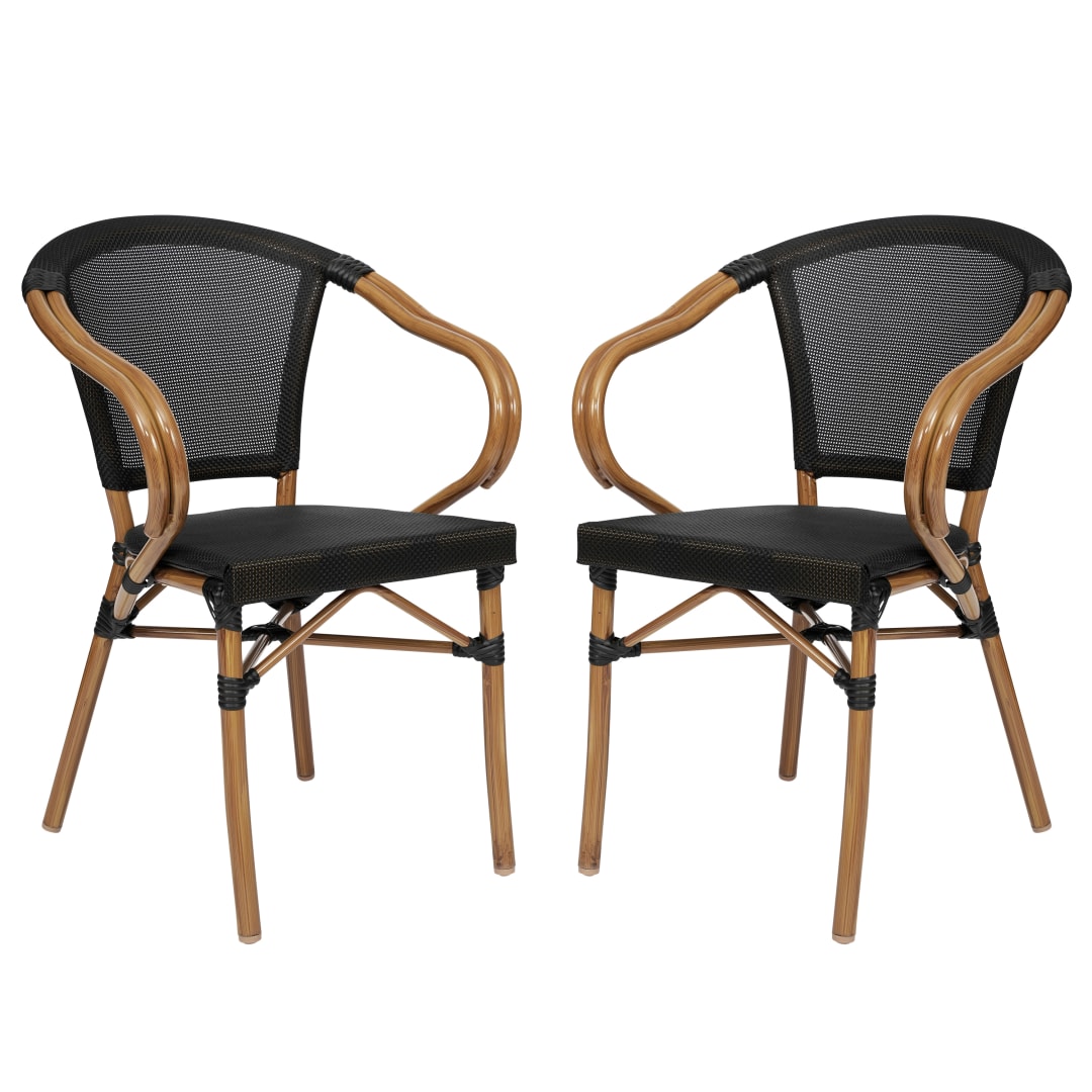 2 Pack Marseille Indoor/Outdoor Commercial Bistro Stacking Chair with Arms, Black Textilene and Bamboo Print Aluminum Frame in Natural