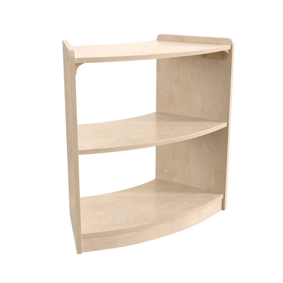 Bright Beginnings Commercial Grade Bow Front 2 Tier Wooden Classroom Open Corner Storage Unit, Safe, Kid Friendly Design, Natural