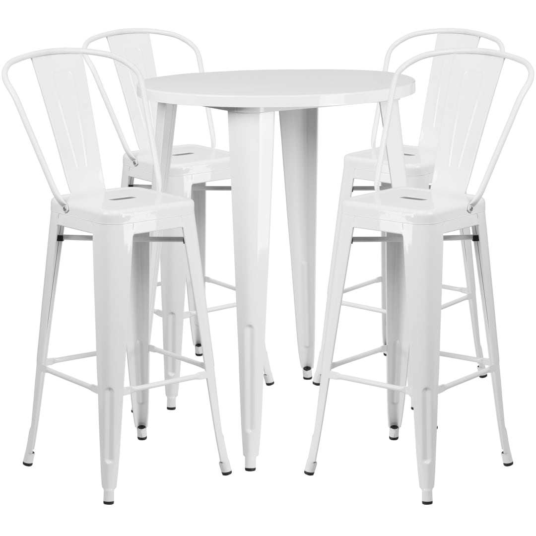 Callum Commercial Grade 30" Round White Metal Indoor-Outdoor Bar Table Set with 4 Cafe Stools