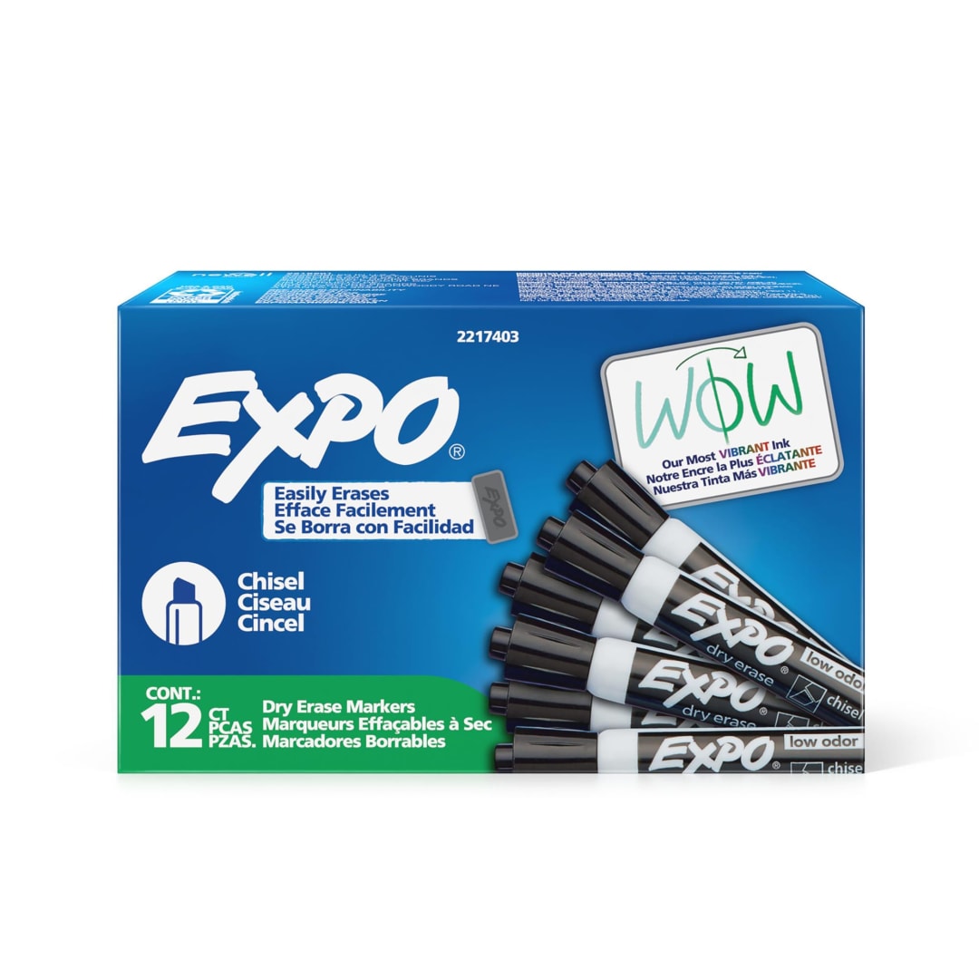 EXPO Dry Erase Markers, Low Odor Ink, Black, Chisel Tip, 12 Count