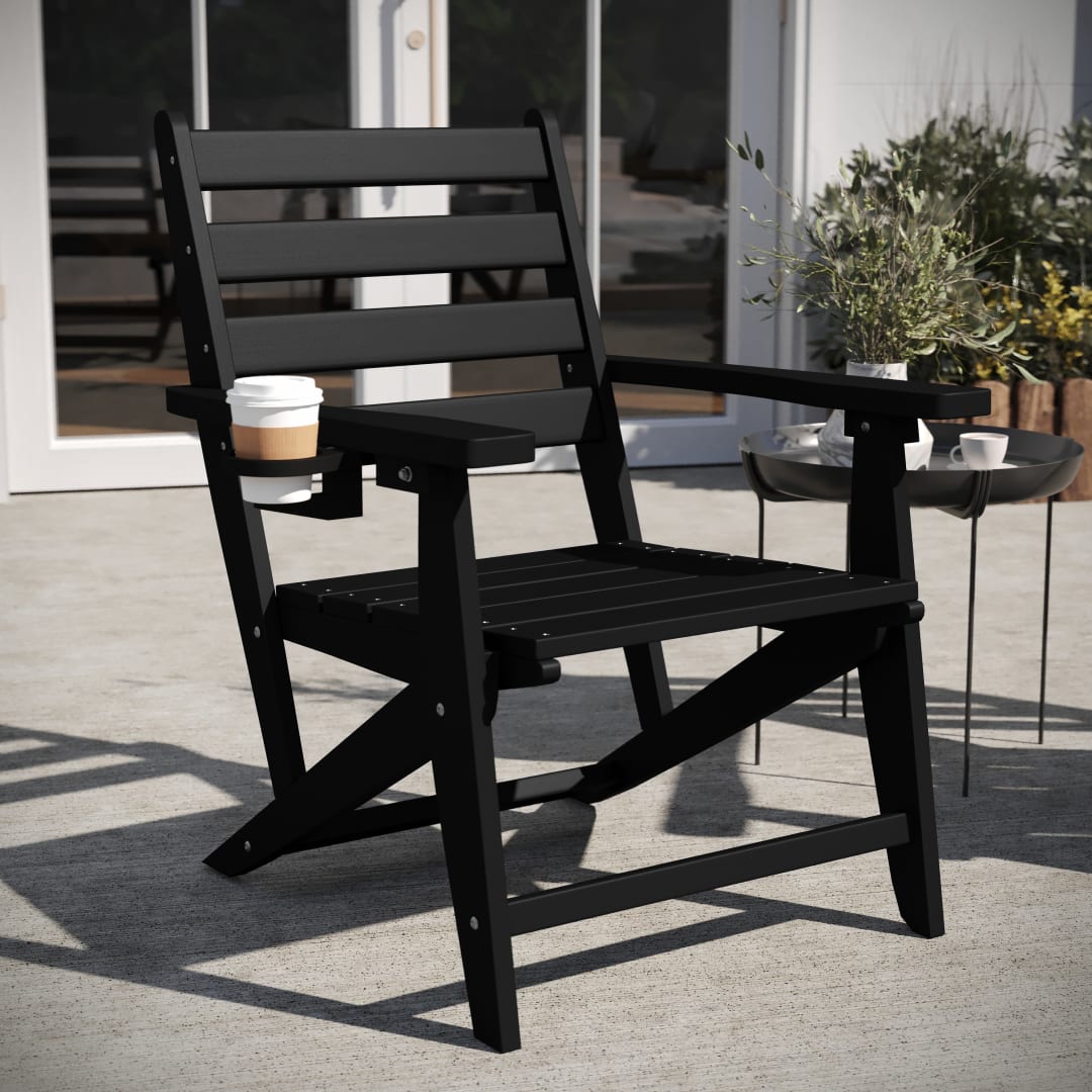 Tolleson Commercial Grade Adirondack Dining Chair with Fold Out Cup Holder, Weather Resistant Recycled HDPE Adirondack Chair in Black
