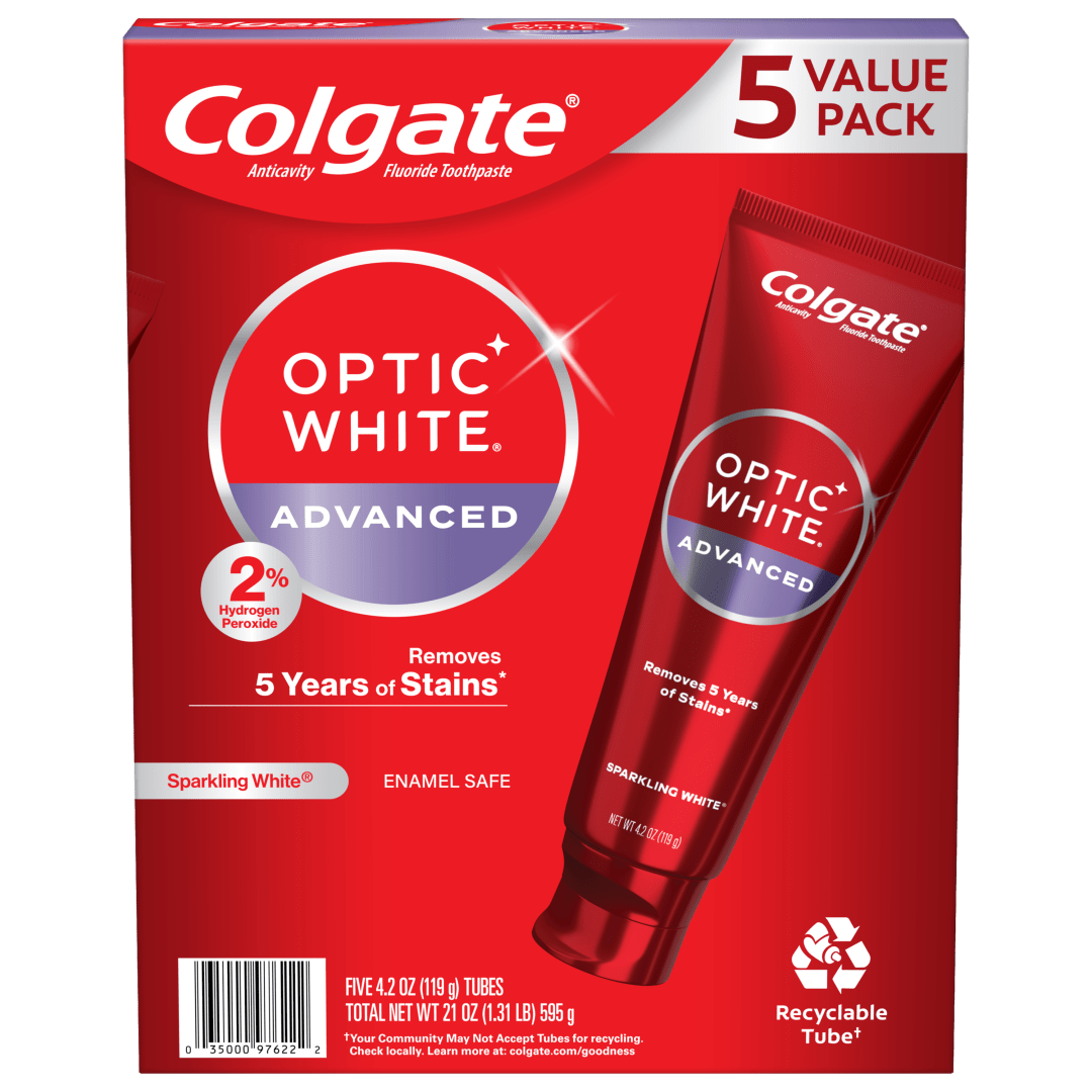 Colgate Optic White Advanced Sparkling White Toothpaste with 2% Hydrogen Peroxide, Mint, 5 Pack, 4.2 OZ