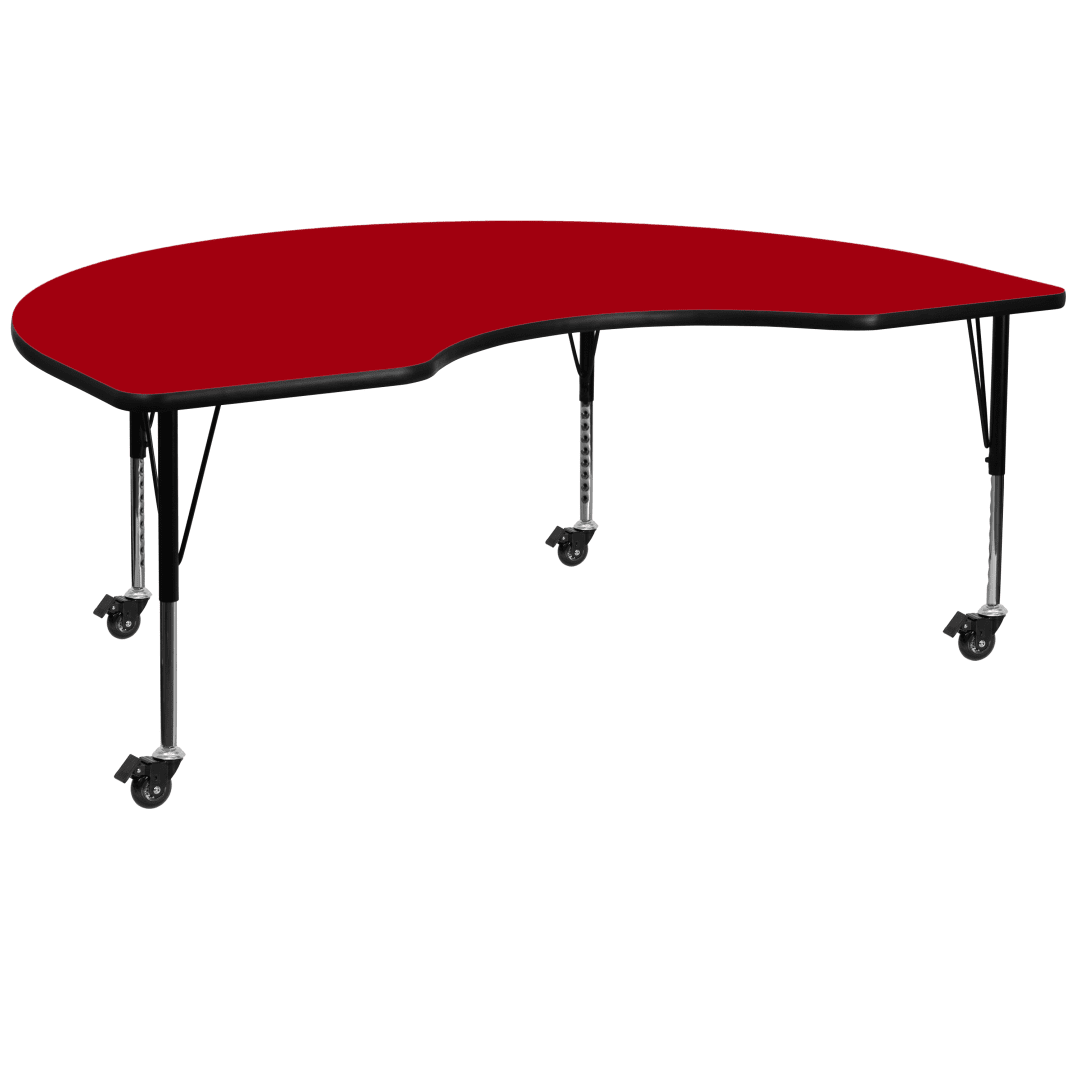 Wren Mobile 48''W x 96''L Kidney Red Thermal Laminate Activity Table - Height Adjustable Short Legs