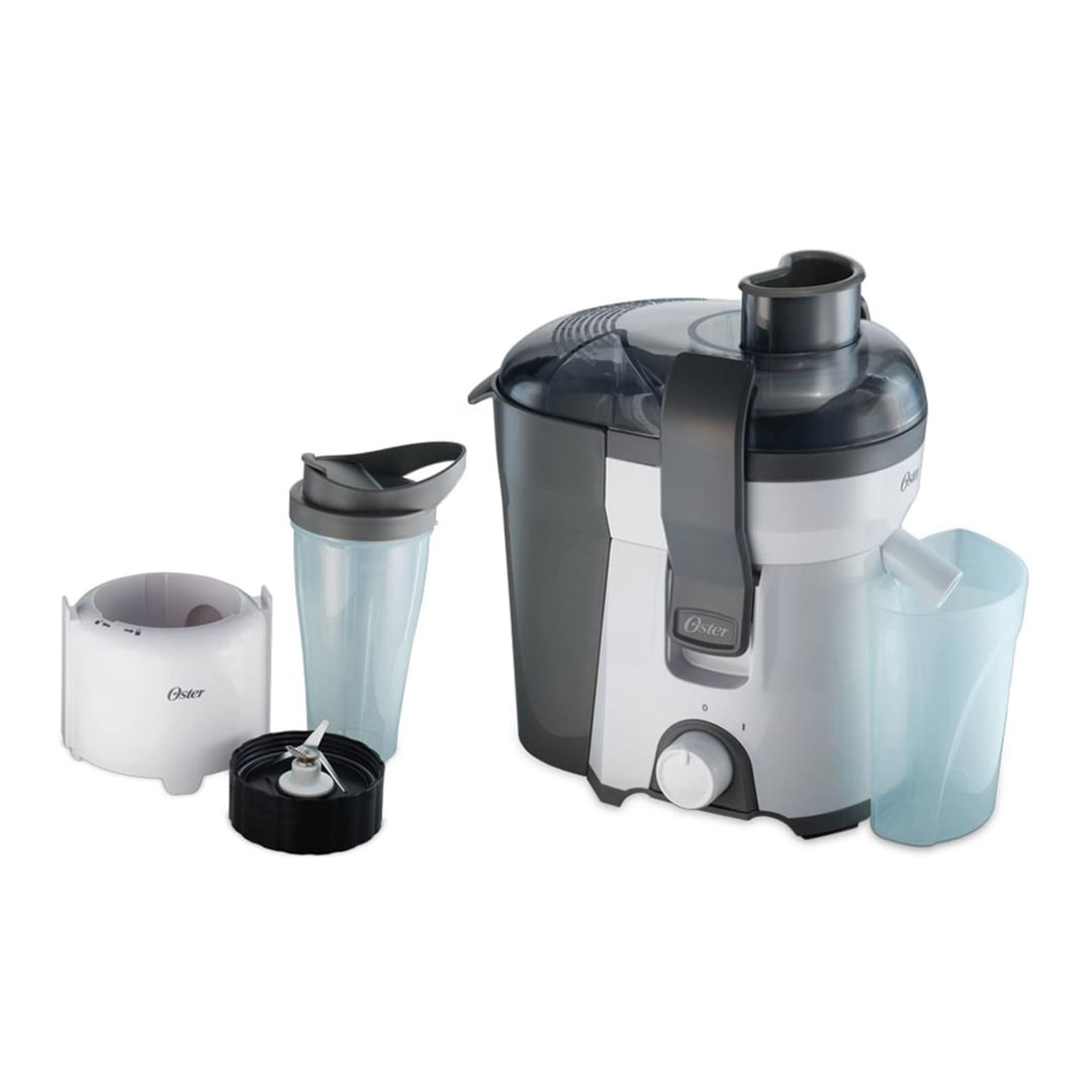 Extractor de jugos blanco de boca extra ancha y licuadora personal Oster® con filtro de acero inoxidable y filtro de fácil limpieza
