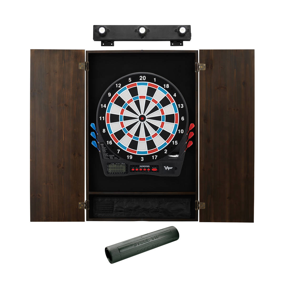 Viper Showdown Electronic Dartboard, Metropolitan Espresso Cabinet, Dart Mat & Shadow Buster Dartboard Light Bundle