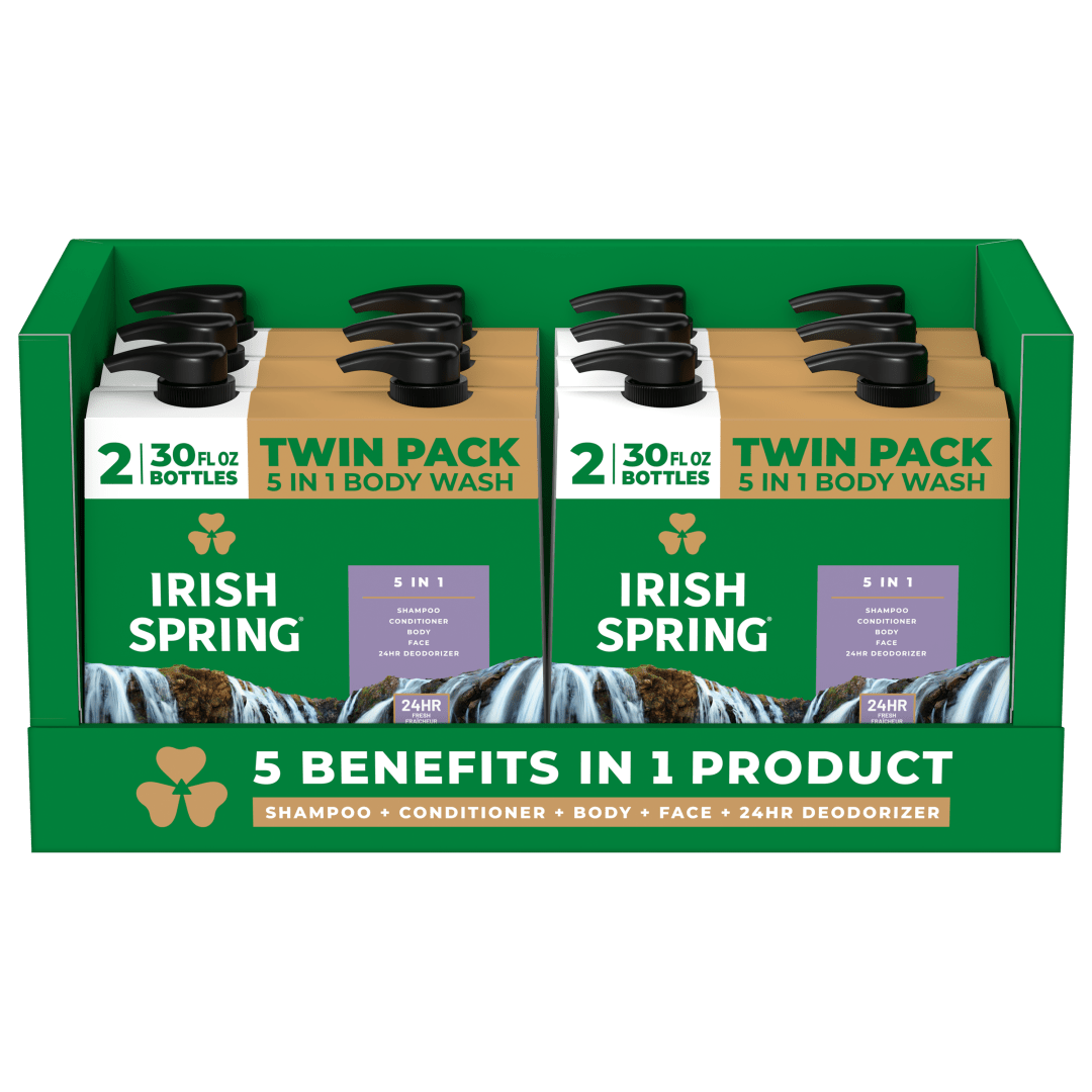 Irish Spring 5 in 1 Body Wash for Men, Combines Shampoo, Conditioner, Body Wash, Face Wash, and 24-Hour Deodorizer, Cool Fresh Scent, 20 fl oz Bottle (2 Pack)