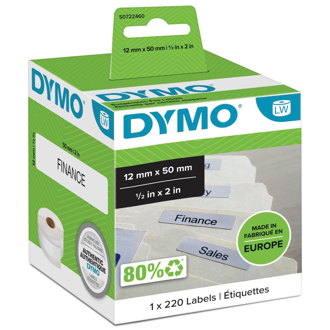 DYMO® Authentic LabelWriter™ Suspension File Labels | 12mm x 50mm | Roll of 220 Easy-Peel Labels | Self-Adhesive | for LabelWriter™ Label Makers
