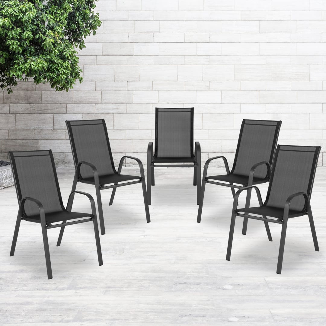 5 Pack Brazos Series Black Outdoor Stack Chair with Flex Comfort Material and Metal Frame