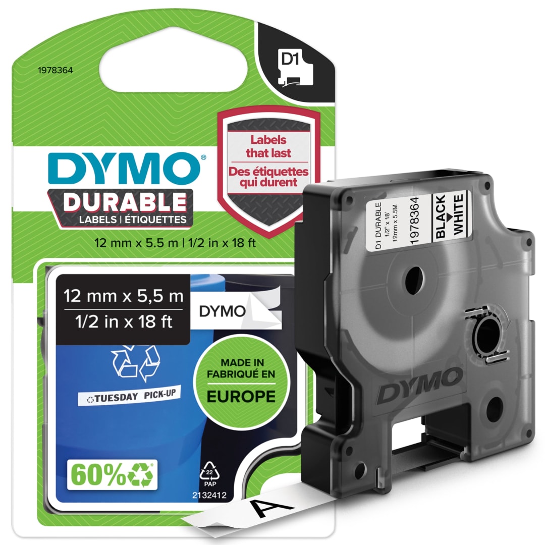DYMO® D1 Durable Labeling Tape for LabelManager Label Makers, Black Print on White Tape, 1/2" W x 18' L, 1 Cartridge