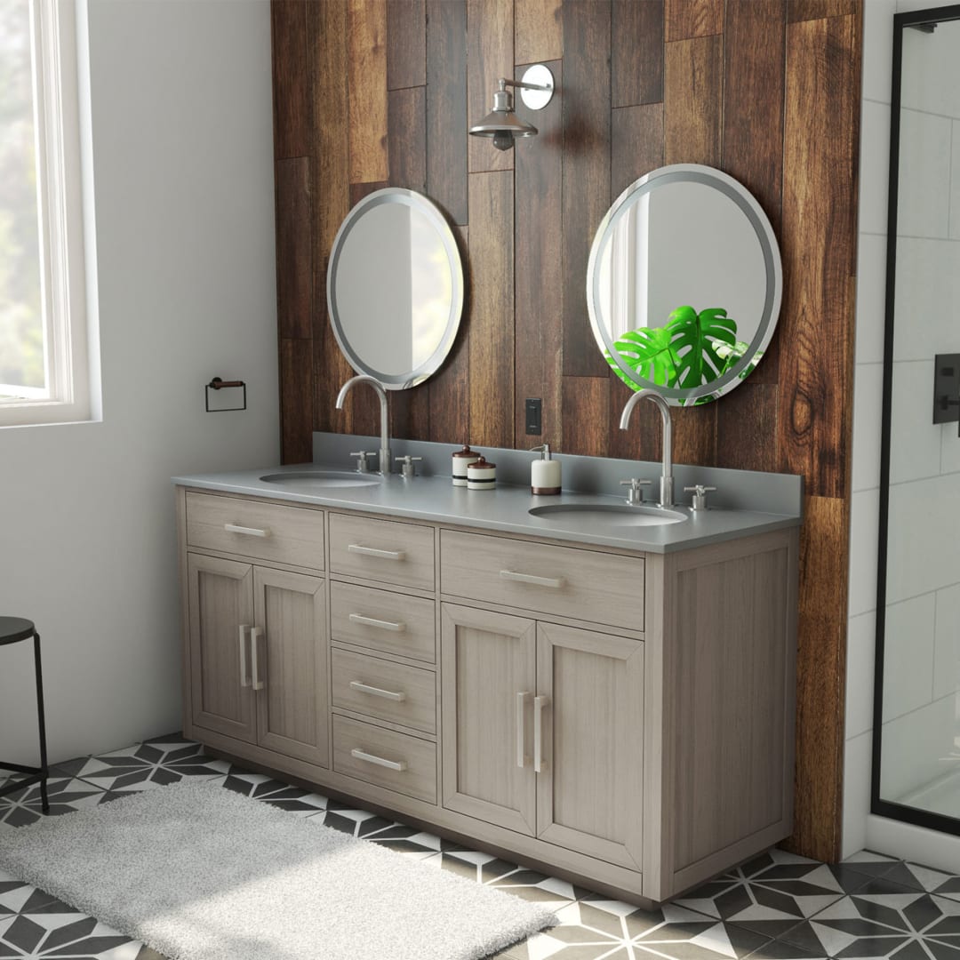 DreamLine Dexterity 72 inch W x 22 inch D x 34 inch H Double Oval Sink Vanity in Gray Oak with Gray Top