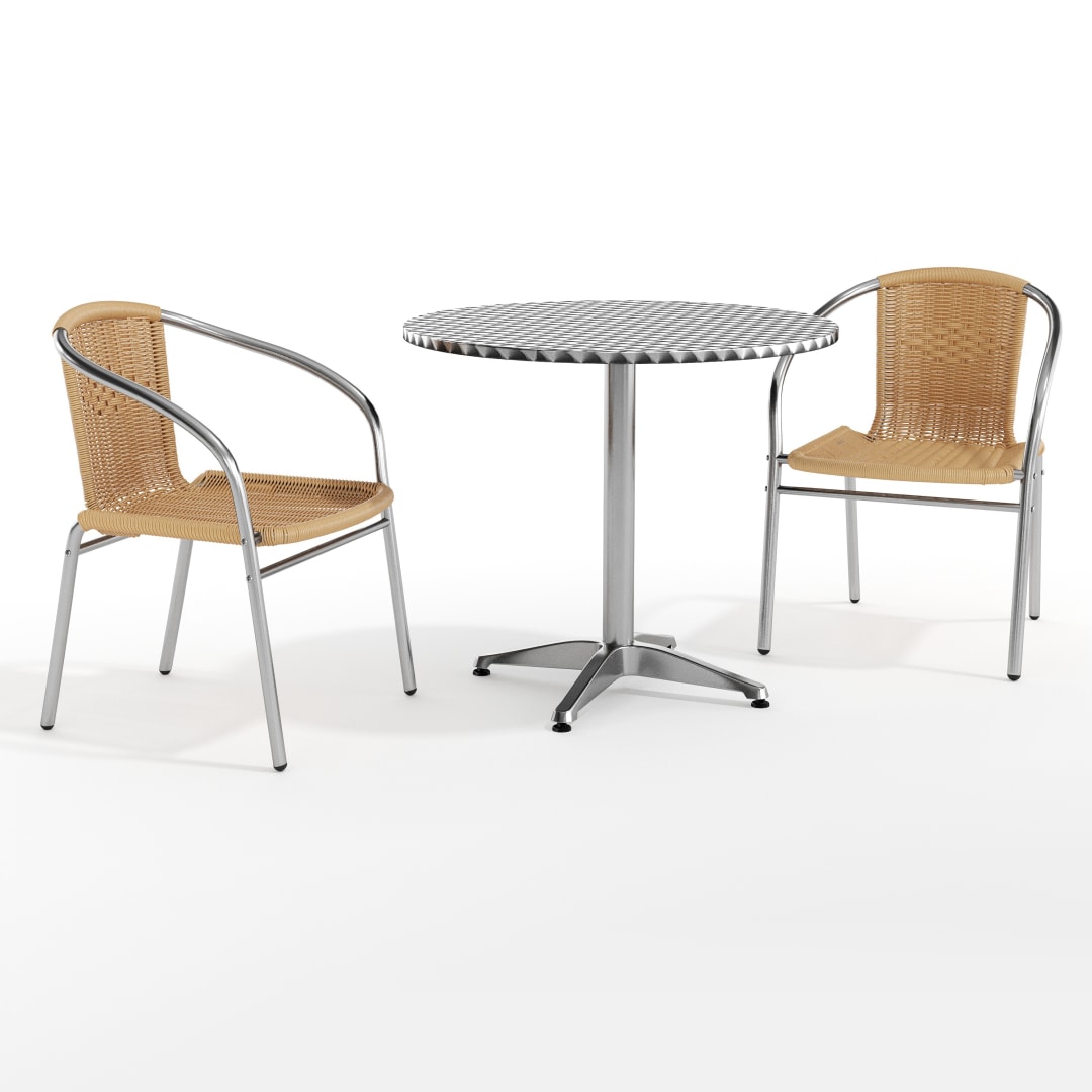 Lila 31.5'' Round Aluminum Indoor-Outdoor Table Set with 2 Beige Rattan Chairs