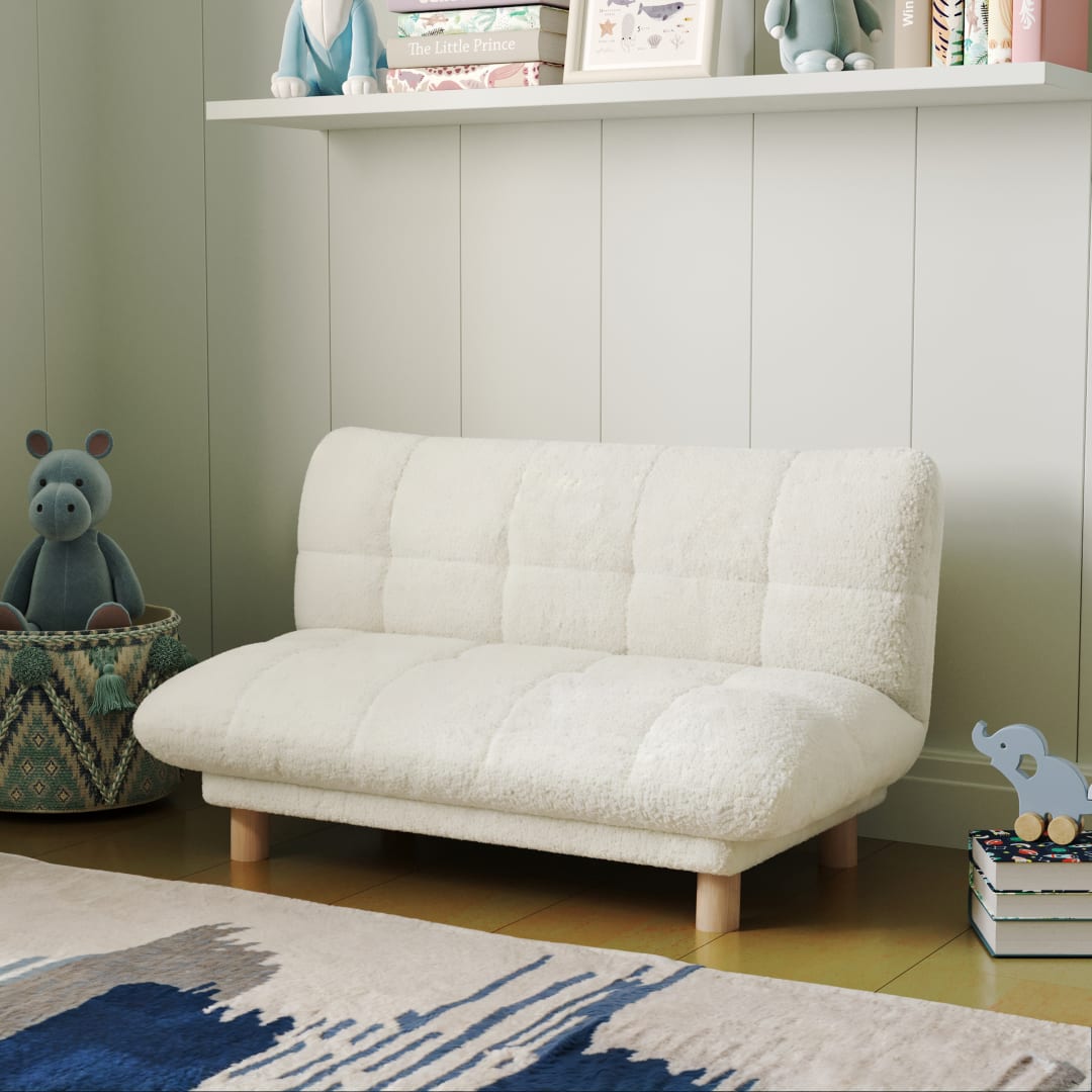 Faux Shearling Cushioned Kids Couch with Tufted Seat and Back, Wood Legs in Marshmallow