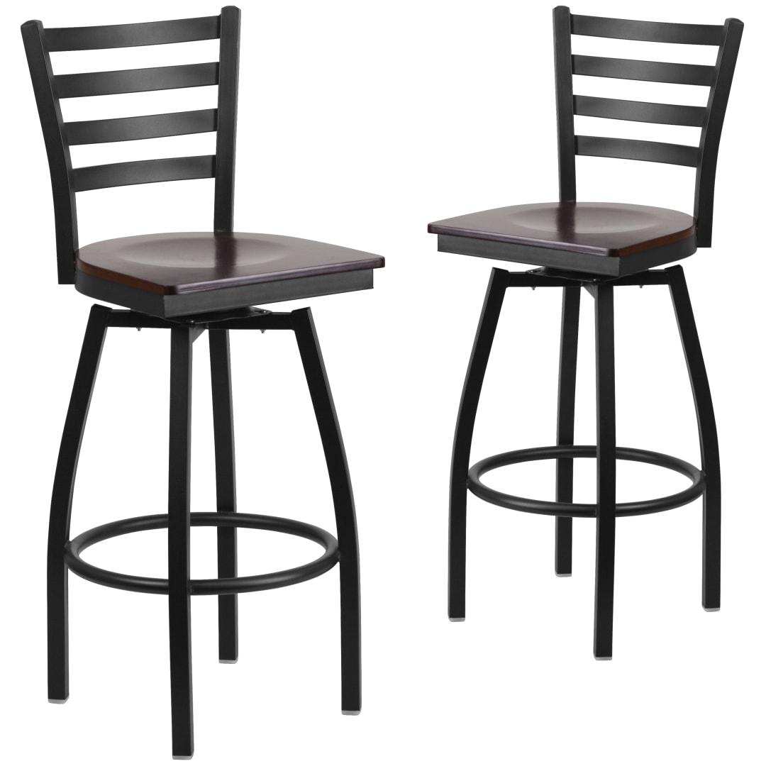2 Pack HERCULES Series Black Ladder Back Swivel Metal Barstool - Walnut Wood Seat