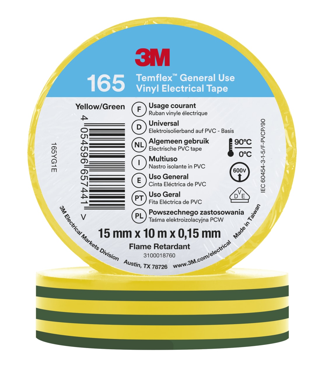 3M™ Temflex™ Vinyl Electrical Tape 165, Green/Yellow, 15 mm x 10 m, 100 Rolls/Case