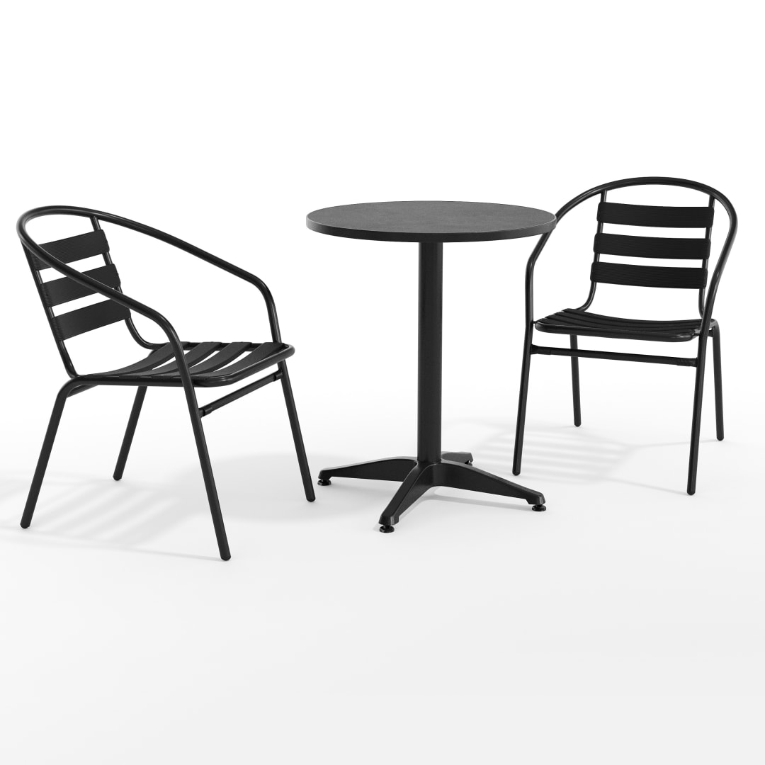 Lila 23.5'' Black Round Aluminum Indoor-Outdoor Table Set with 2 Black Slat Back Chairs