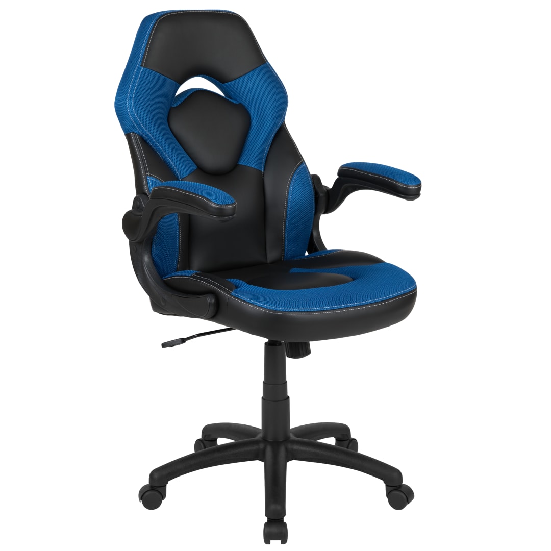 X10 Gaming Chair, Racing Style Ergonomic Office Chair, Height Adjustable Swivel Computer Chair with Flip-Up Arms, Blue/Black LeatherSoft