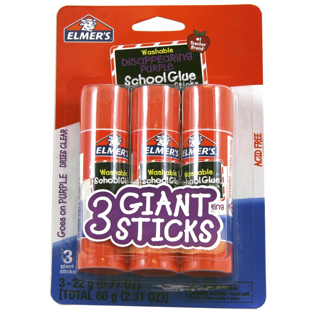 Elmer's Disappearing Purple School Glue Sticks, Washable, Giant Glue Sticks, 0.77 oz. each, 3 Count