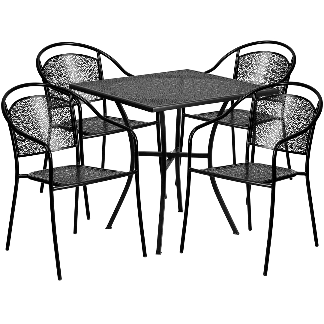 Oia Commercial Grade 28" Square Black Indoor-Outdoor Steel Patio Table Set with 4 Round Back Chairs