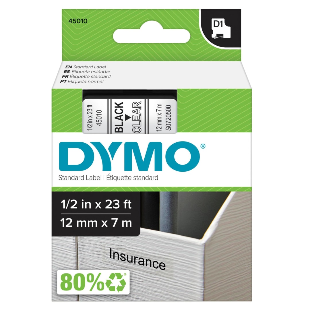 DYMO® D1 Standard Labels for LabelManager Label Makers, 1/2-Inch x 23-Foot, Black Print on Clear Tape, Self-Adhesive, 1 Cartridge