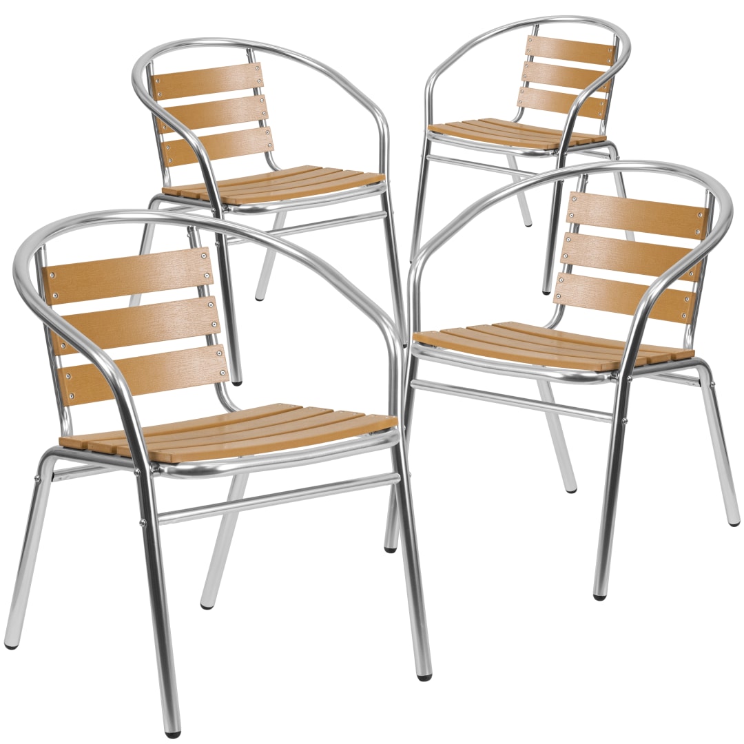 Lila 4 Pack Commercial Aluminum Indoor-Outdoor Restaurant Stack Chair with Triple Slat Faux Teak Back