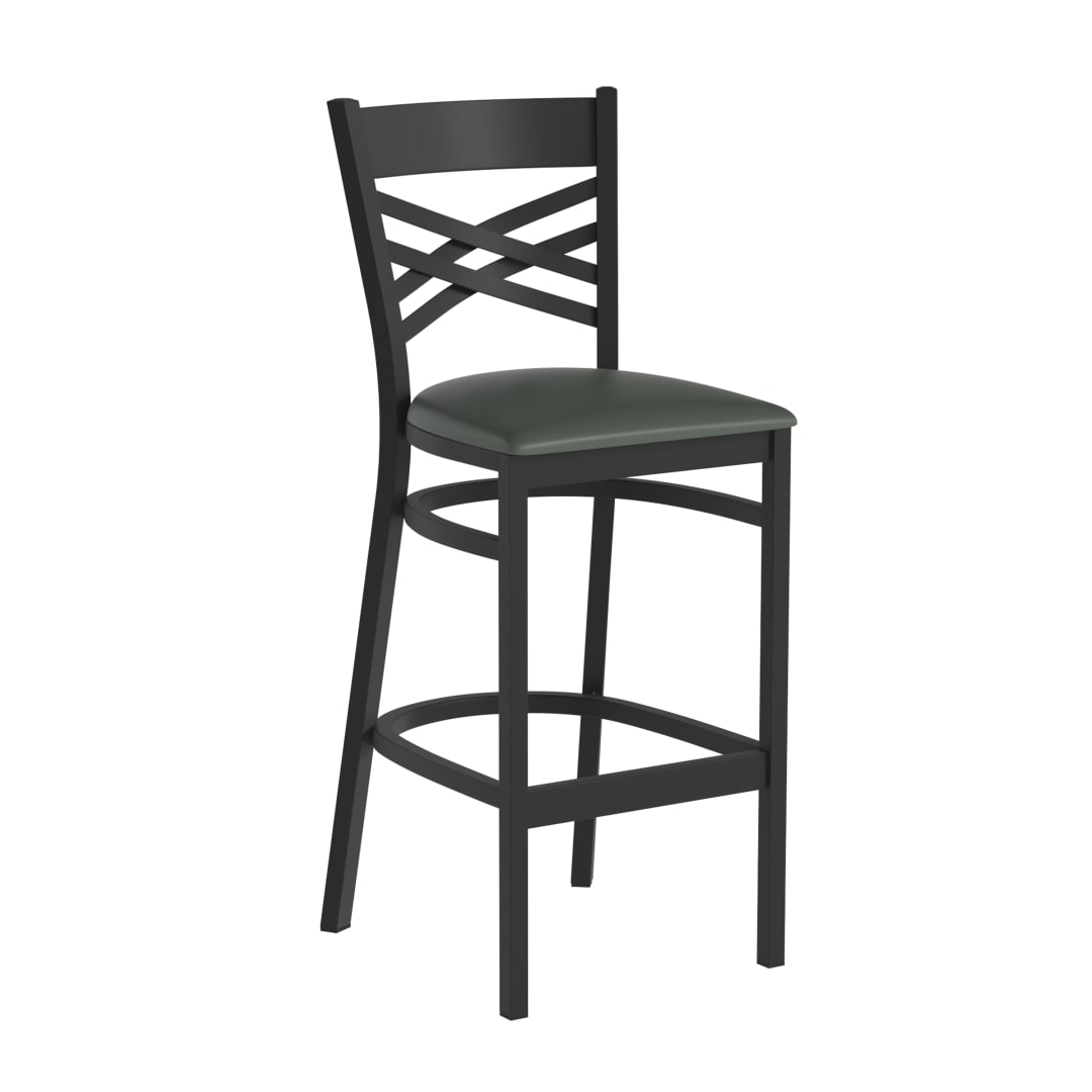 HERCULES Black ''X'' Back Metal Restaurant Barstool - Green Vinyl Seat