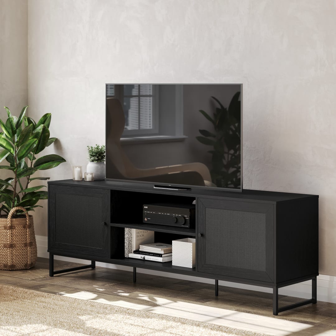 Malaki Mid-Century Modern 65 Inch TV Stand with 2 Rattan Soft Close Doors and Fixed Center Shelf, TV Stand for up to 70" TV's in Black