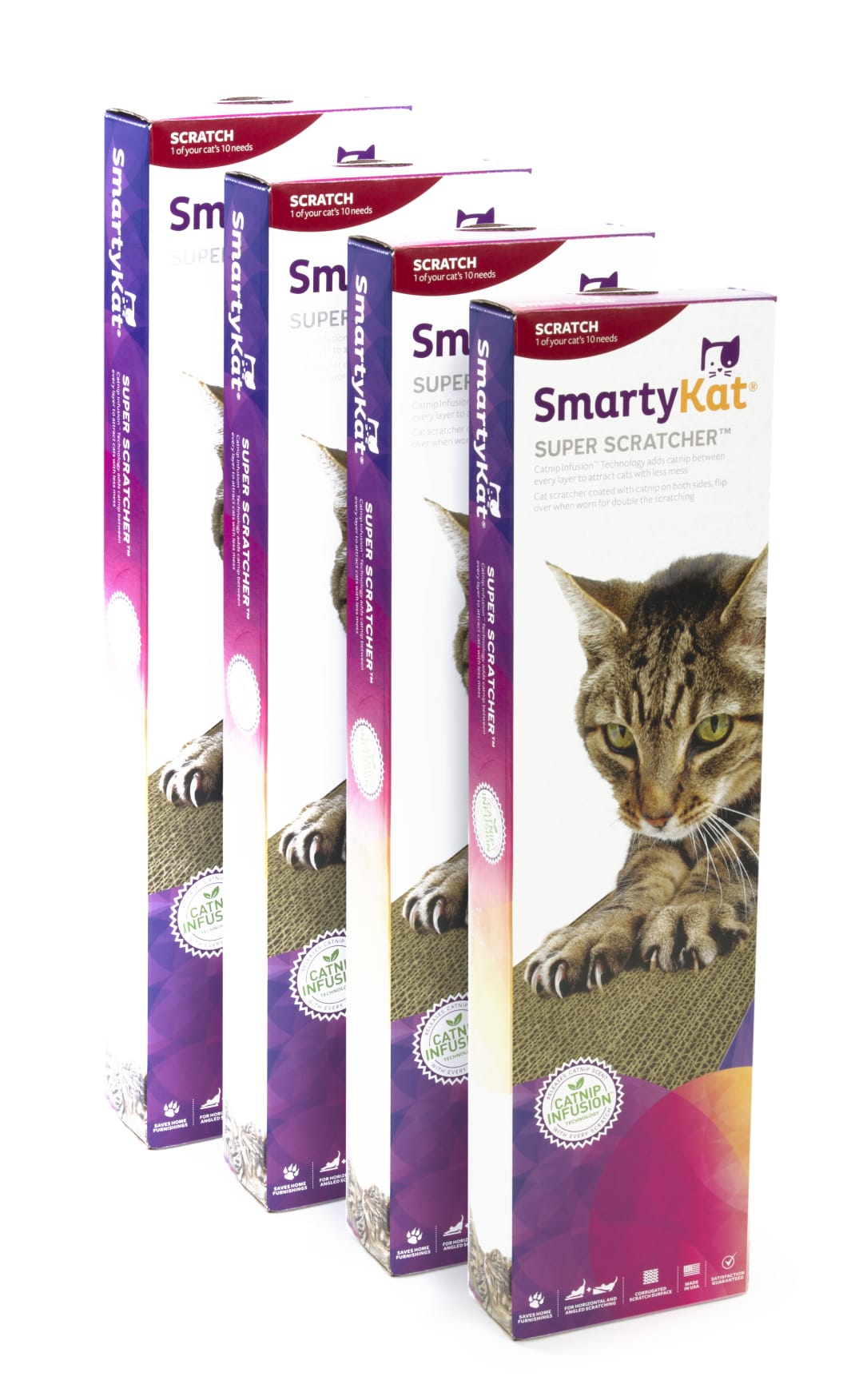 SmartyKat Super Scratcher Single Wide with Catnip Infusion Technology Corrugated Cat Scratch Pad Bundle, Reversible, Set of 4