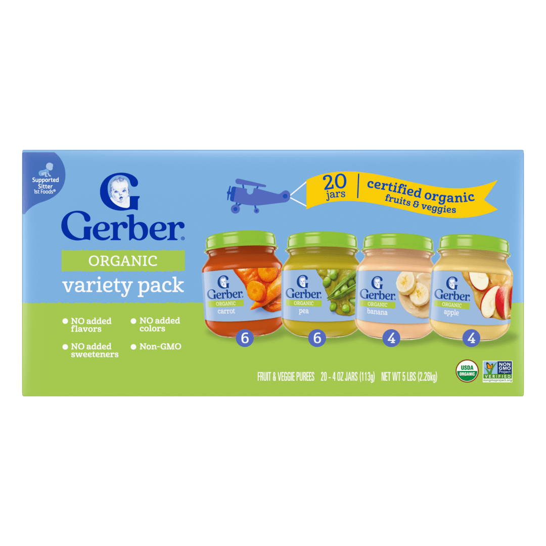 Gerber Stage 1 Baby Food, Organic Fruit and Veggie Variety Pack Jars, Baby Puree, 20PK
