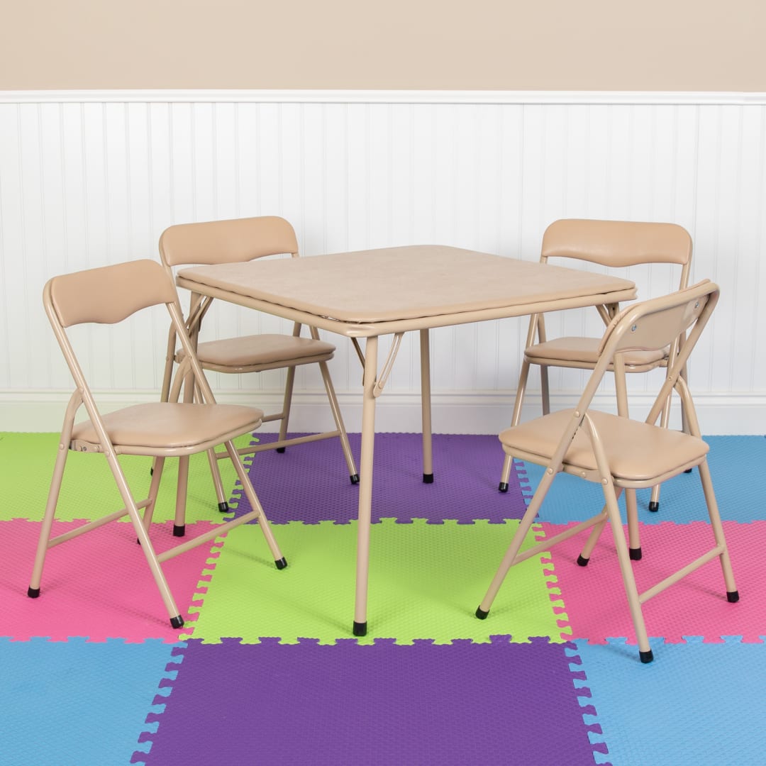 Mindy 5-Piece Folding Table and Chairs Set – Portable Activity Table for Daycare, Classrooms &amp; Playrooms, Tan
