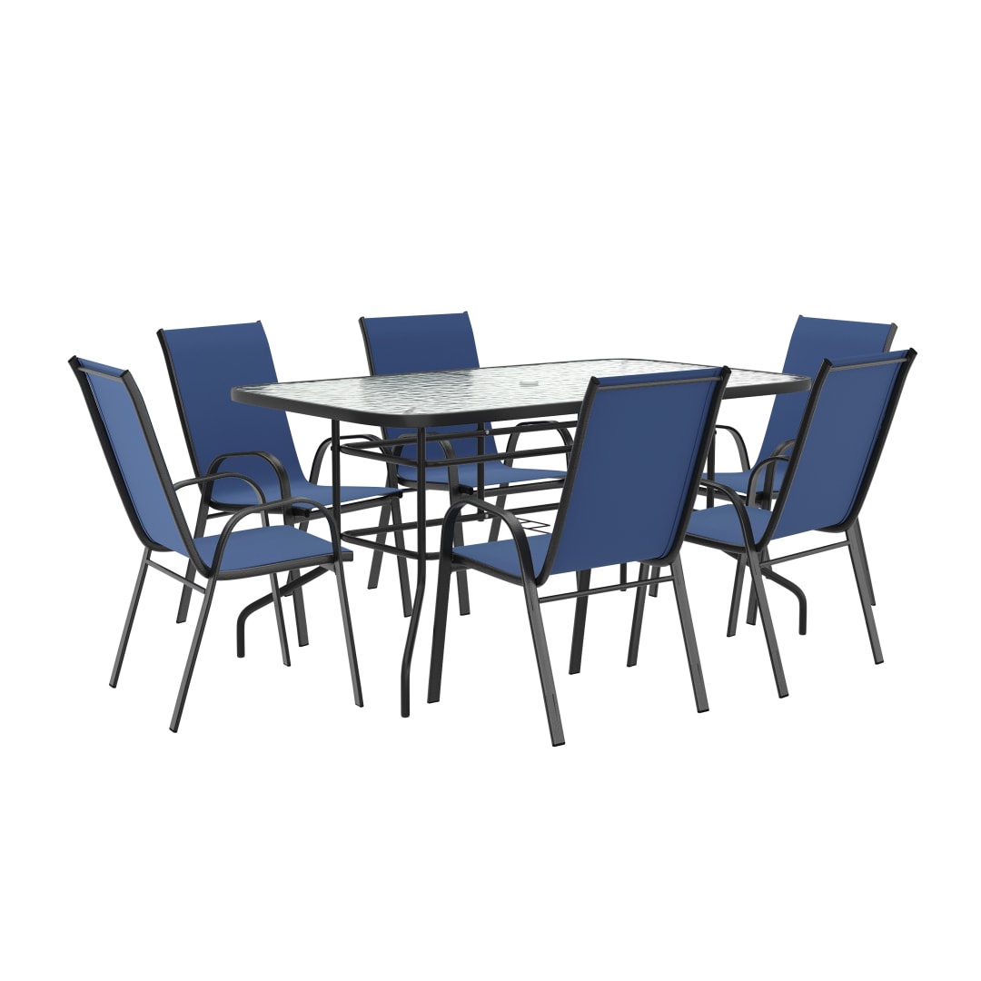 Brazos 7 Piece Outdoor Patio Dining Set - 55" Tempered Glass Patio Table with Umbrella Hole, 6 Navy Flex Comfort Stack Chairs