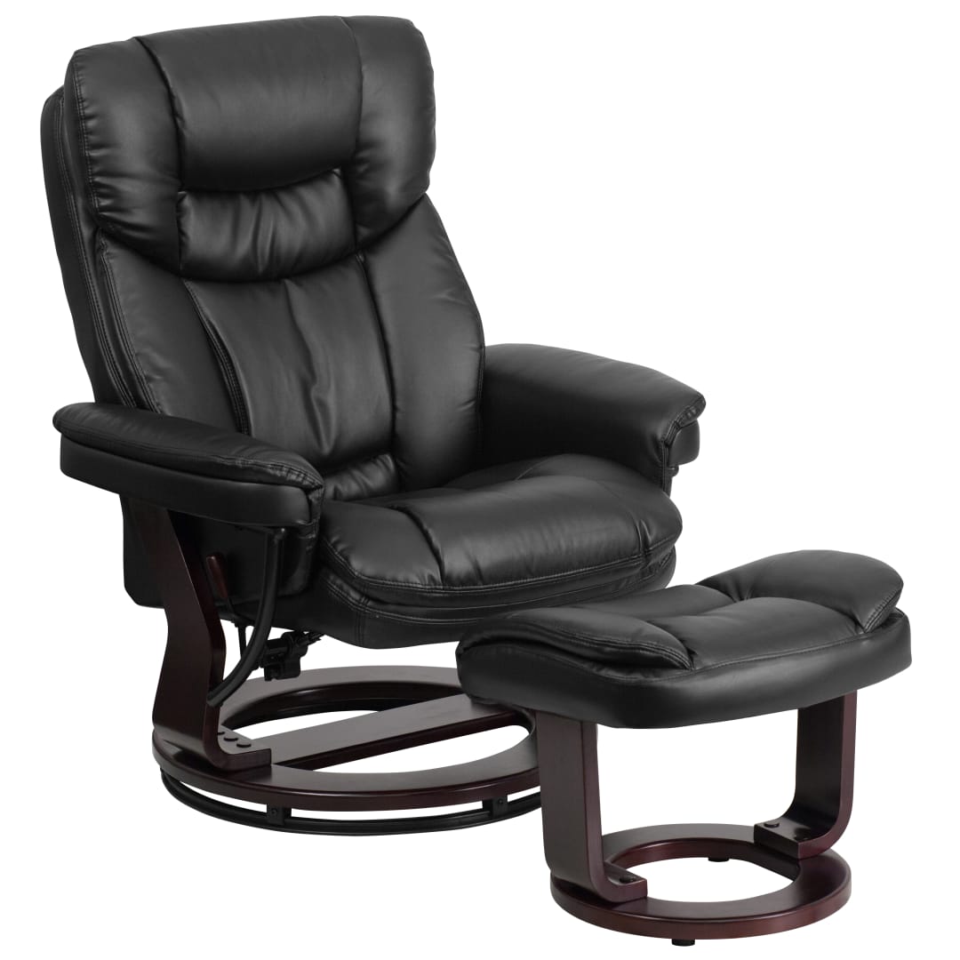Allie Contemporary Multi-Position Recliner and Curved Ottoman with Swivel Mahogany Wood Base in Black LeatherSoft
