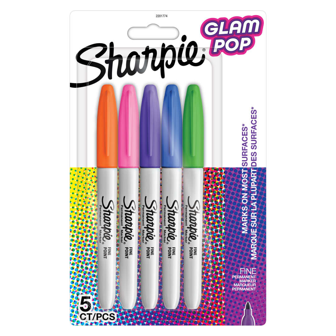 Sharpie Glam Pop Rotuladores permanentes | Punta fina para detalles atrevidos | Colores surtidos | 5 rotuladores