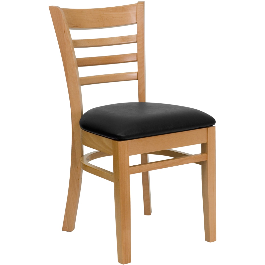 4 Pack HERCULES Series Ladder Back Natural Wood Restaurant Chair - Black Vinyl Seat
