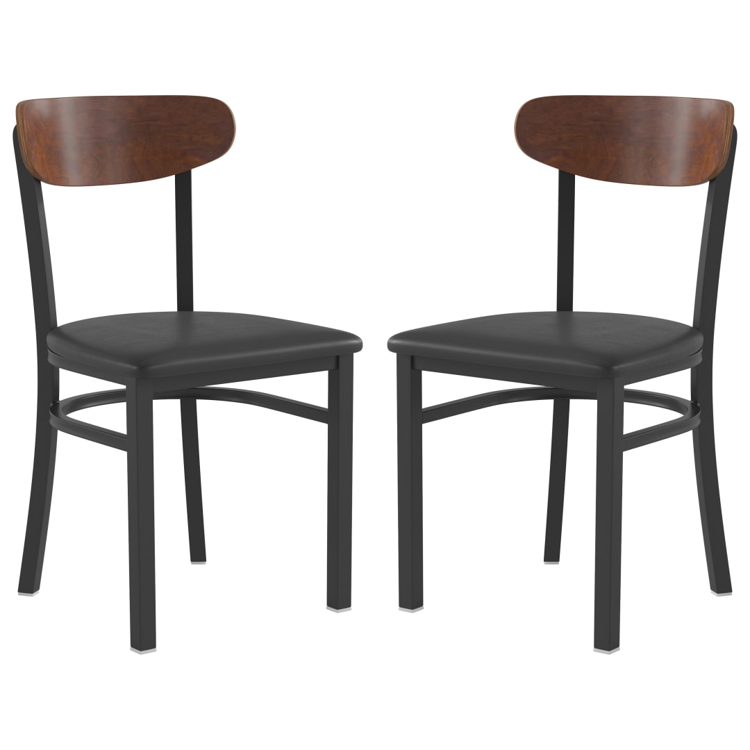 Wright Set of 2 Commercial Dining Chairs with 500 LB. Capacity Black Steel Frame, Walnut Finish Wooden Boomerang Back, and Black Vinyl Seat