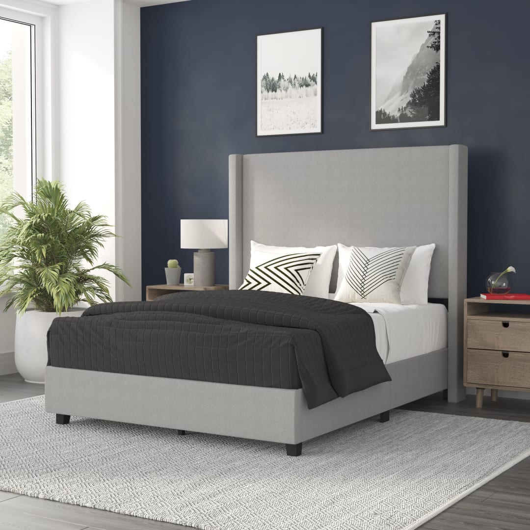 Quinn Full Upholstered Platform Bed with Channel Stitched Wingback Headboard, Mattress Foundation with Slatted Supports, No Box Spring Needed, Gray