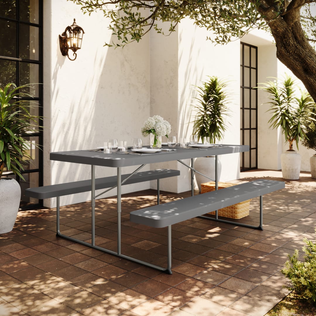 Insta-Fold 6 Foot Granite Gray Indoor-Outdoor Picnic Table - Commercial Grade Foldable Steel Frame - Impact and Stain Resistant HDPE Top and Benches