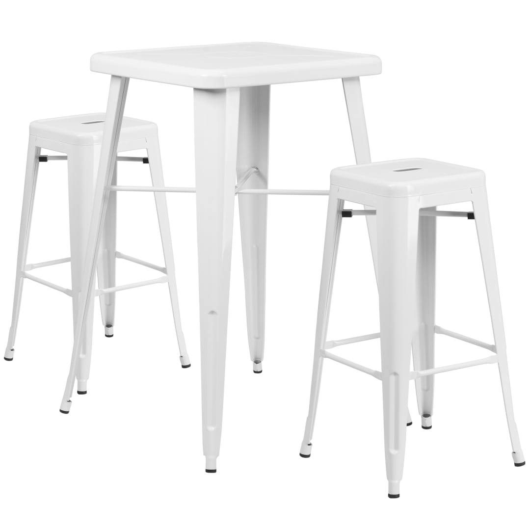 Stone Commercial Grade 23.75" Square White Metal Indoor-Outdoor Bar Table Set with 2 Square Seat Backless Stools