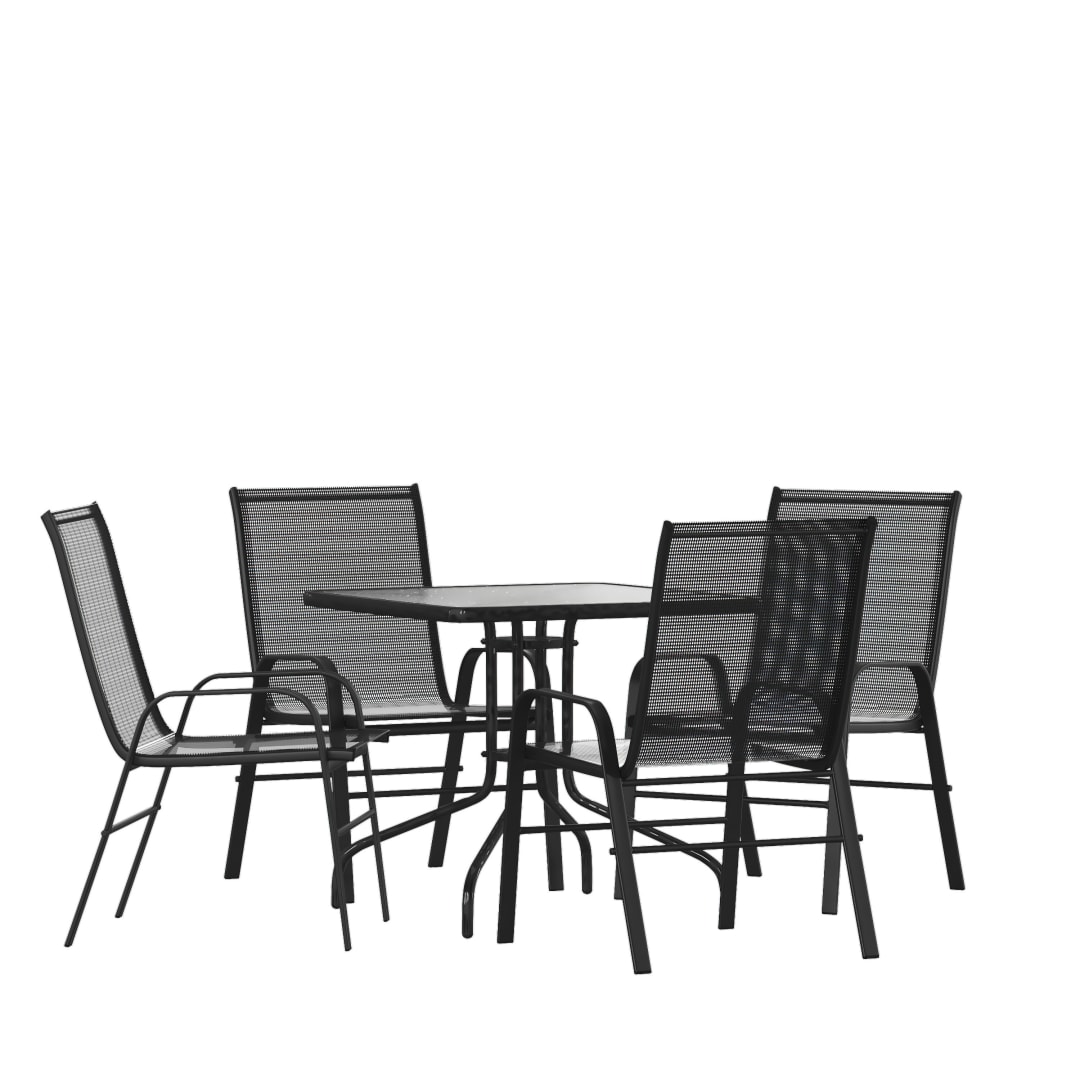 Brazos 5 Piece Outdoor Patio Dining Set - 31.5" Square Tempered Glass Patio Table, 4 Black Flex Comfort Stack Chairs